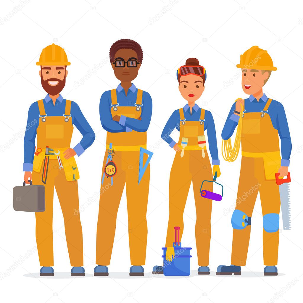 Professional construction workers specialists characters team. Friendly workers in workwear uniiform standing together. Flat vector illustration.