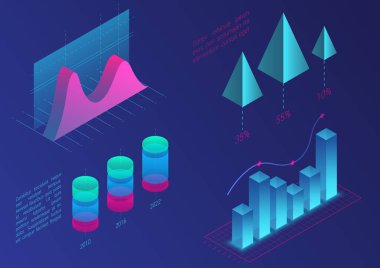 Infographic izometrik vektör grafik öğeleri. Veri ve iş finansal diyagramları grafikler. İstatistik veri. Tanıtım, satış afiş, gelir rapor tasarımı, Web sitesi için degrade renk şablonu.