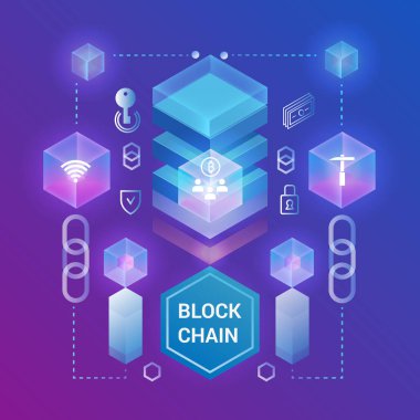 Cryptocurrency ve blockchain izometrik kavramı şablon. İzometrik vektör çizim. Web tasarım, tanıtım afiş.