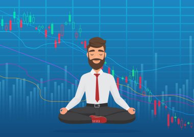 Düşen şifreleme veya Borsa Döviz grafik altında meditasyon tüccar genç adam. İş borsa, finans borsa grafik kavramı. Ayı borsa düşüyor.