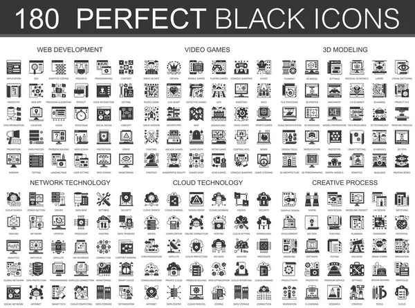 180 web fejlesztési, video játékok, 3D-s modellezés, a hálózati technológia, cloud technológia, kreatív folyamat klasszikus fekete mini fogalom szimbólum. Vektor modern piktogram illusztrációk ikonkészlet. — Stock Vector