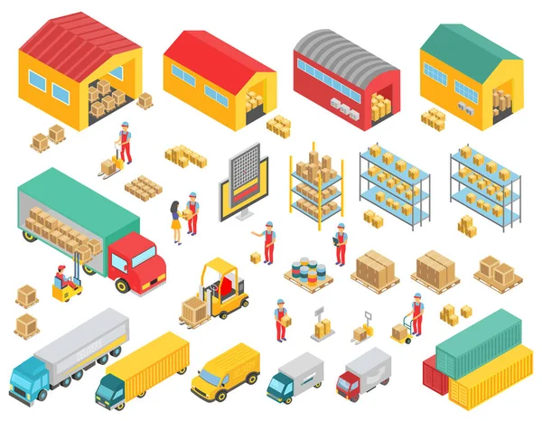 Logistické izometrické ikony set s nákladní automobily, buoldings, sklady a lidé symboly izolované vektorové ilustrace. — Stockový vektor