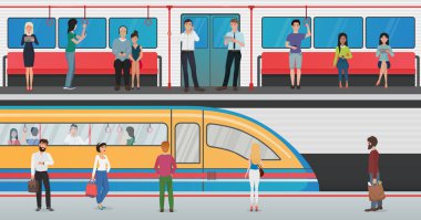İnsanlar ve metro platformu ile tren metro istasyonu ile metro içinde. Yolcular ile kentsel metro vektör kavramı.