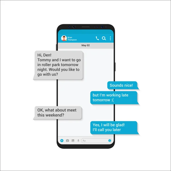 Chating och messaging vektor illustration koncept. Sociala nätverk messenger med modern stil meddelande bubblor i smartphone isolerade. — Stock vektor