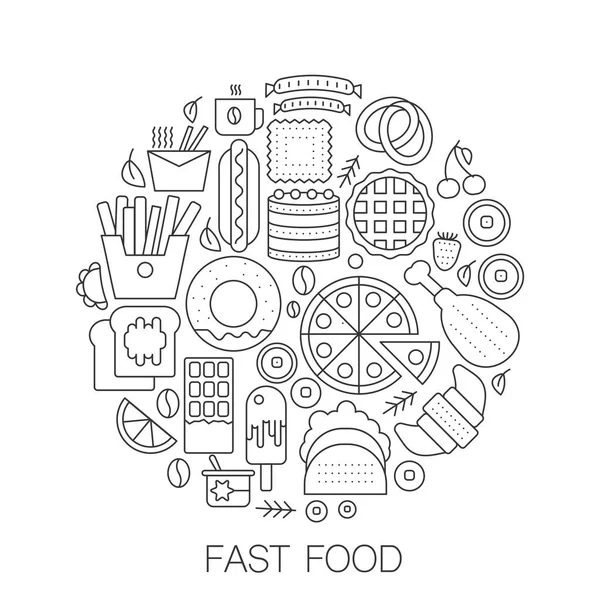 Fast food w koło - ilustracja koncepcja linia na tle, godło, odznaka. Smaczne jedzenie fast cienka linia obrysu zestaw ikon. — Wektor stockowy