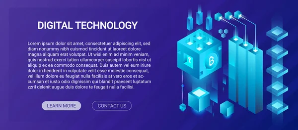 Hosting-Service, Big Data Center, Kryptowährung und Blockchain isometrische Zusammensetzung Banner Template-Konzept, Bergbau Kryptofarm Vektor Illustration. — Stockvektor