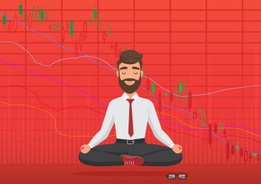 Düşen şifreleme veya Borsa Döviz grafik altında meditasyon tüccar genç adam. İş borsa, finans borsa grafik kavramı. Kaba kırmızı kan borsa düşüyor. Denge duygu.