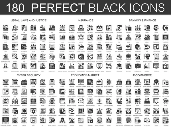 180 legal, lois et justice, assurance, finance bancaire, cybersécurité, économie du marché, e-commerce classic black mini concept symbols. Ensemble d'illustrations vectorielles pictogramme icône moderne . — Image vectorielle