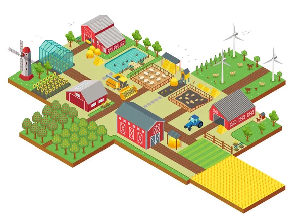 Vektor 3d isometrischer Bauernhof mit Mühle, Gartenfeld, Nutztieren, Bäumen, Traktor-Mähdrescher, Haus, Windmühle und Lager für App und Spiel. — Stockvektor