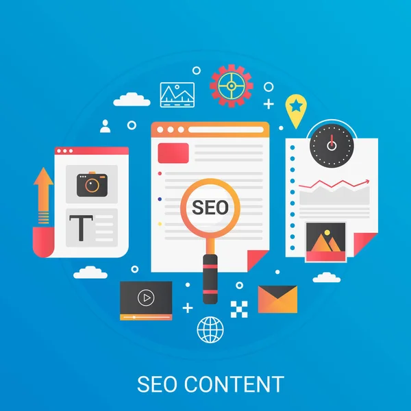 Moderne vector platte verloop Seo contentontwikkeling concept sjabloon banner met iconen en tekst. — Stockvector