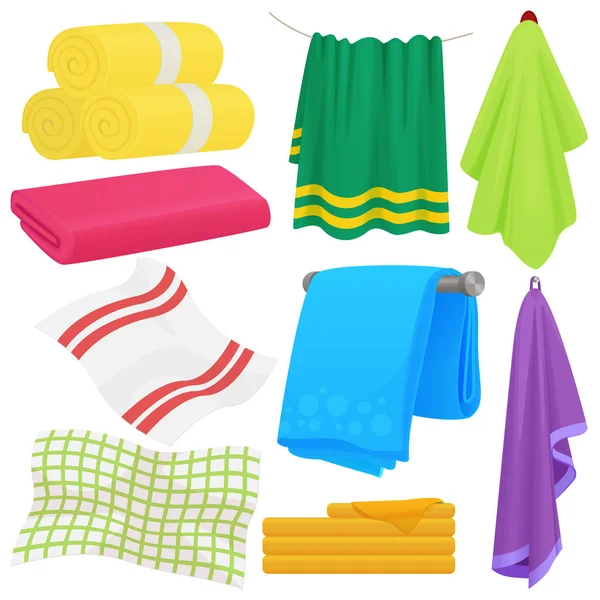 Dibujos animados divertido vector toallas. Toalla de tela de algodón para baño. Toalla de tela para la higiene . — Vector de stock