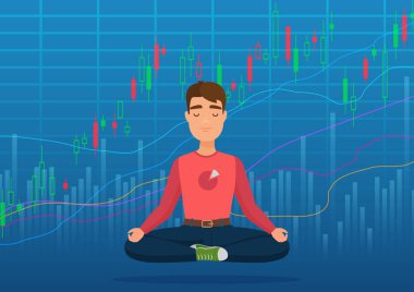 Genç mutlu tüccar şifreleme veya Borsa Döviz grafik kavramı altında meditasyon adam. İş borsa, finans borsa grafik.