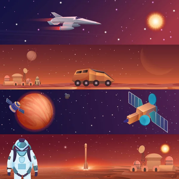 Vektor illustration banderoller av rymdfärder rymdskepp utforskning. Mars i yttre rymden, galaxy Mars rover, raket flygplatstransfer och kolonin stad bas med astronaut. — Stock vektor