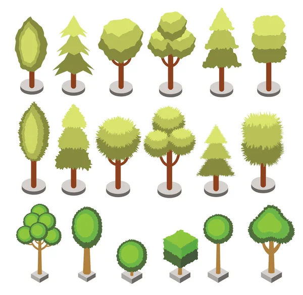 Isometrische 3d diverse bomen geïsoleerde vorm instellen Vector isometrische boom-iconen voor isometrische kaarten, games ontwerpen. Stad constructor set. — Stockvector