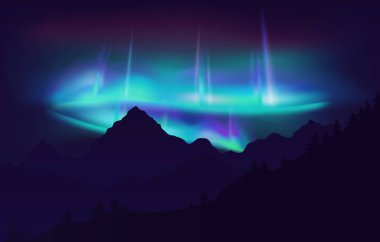 Dağ üzerinde gece gökyüzünde güzel Aurora Borealis Kuzey ışıkları. Vektör çizim.