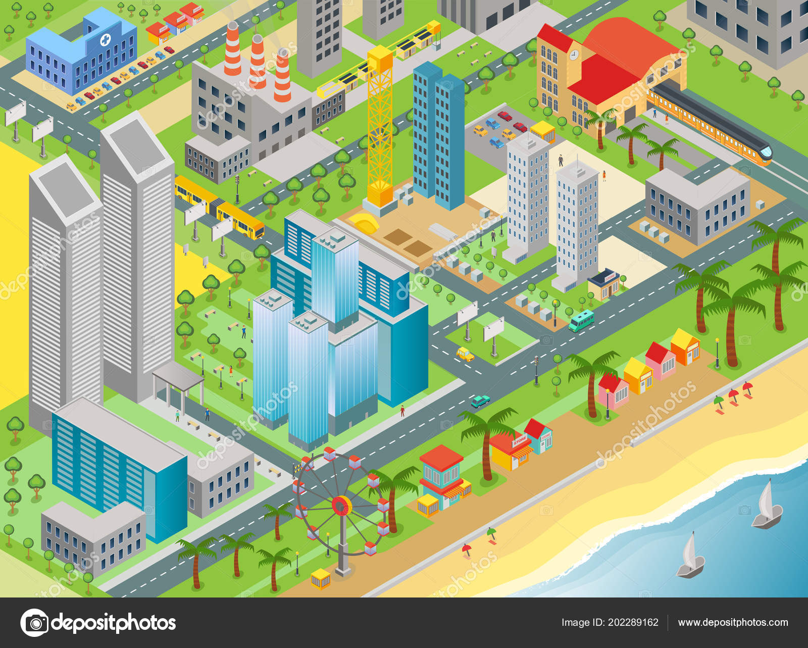 Isometric Vector City Map Modern Buildings Beach Area Amusement Park Stock Vector Image By C Lembergvector