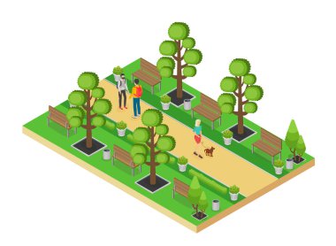 Beyaz arka plan üzerinde izole vektör izometrik unsuru sokak ve insanlar yürürken, insanlar yeşil park.