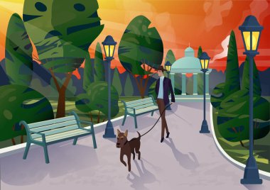 Köpek üstünde geçit günbatımı ışık şehir parkında üzerinde geziniyor kira kontratı ile zarif adam karakteri.