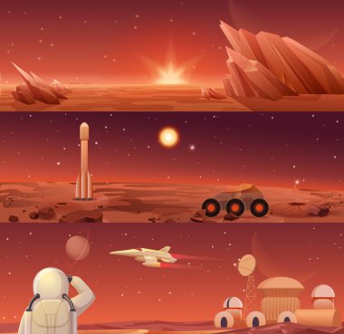 Kızıl gezegen Mars kolonizasyon ve keşif. Rover, roket Servisi, uzay aracı ve koloni şehri astronot yatay şablonları afiş ile temel ile Galaxy Mars landascape.