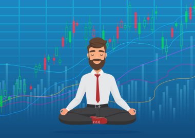 Yükselen şifreleme veya Borsa Döviz grafik altında meditasyon mutlu adam tüccar. İş borsa, finans borsa grafik kavramı. Boğa borsa büyüyen. Denge duygu.