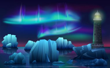 Vektör kış manzara icebergs ile buz Arktik Okyanusu'nda deniz feneri. Aurora borealis ile kutup gece Kuzey ışıkları.