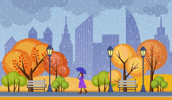 秋季公共城市公园矢量插画。雨多云寒冷的天气与单独步行女孩. — 图库矢量图片