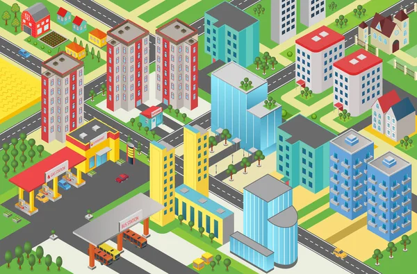 Isométrica ciudad moderna urbana megalópolis ver vector ilustración . — Archivo Imágenes Vectoriales