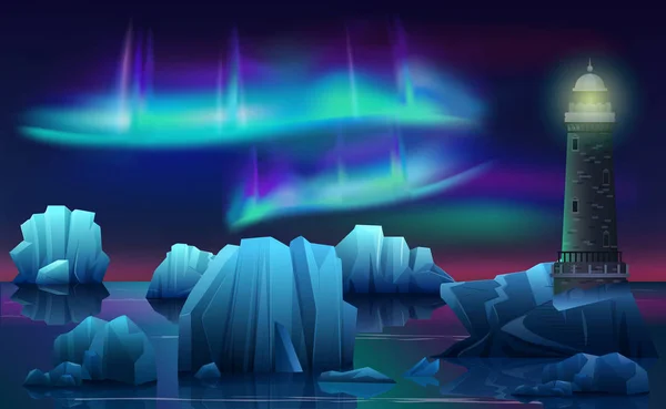 Vector Paisaje invernal del faro en el océano Ártico de hielo con icebergs. Noche polar con aurora boreal northen luces . — Archivo Imágenes Vectoriales