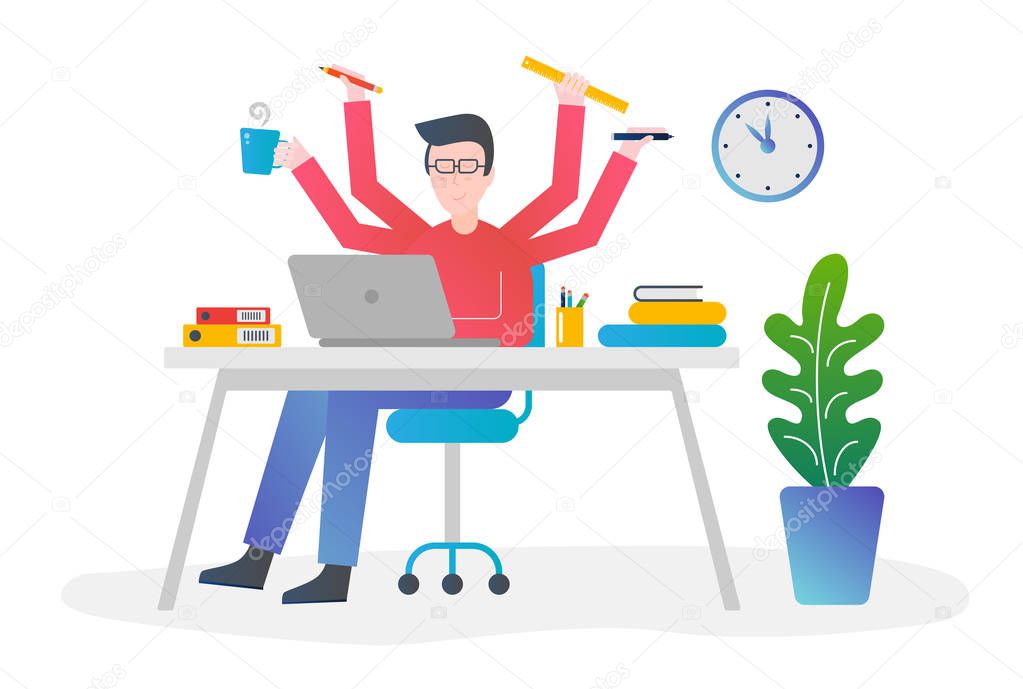 Flat gradient color design vector concept illustration. Office man with multitasking and multi skill. Male with four hands holding different things for time managing.