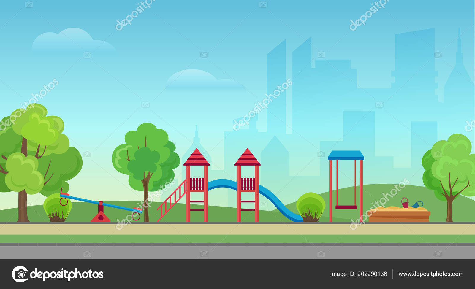 近代的な都市高層ビルの背景に子供たちの遊び場のベクトル都市公園 町市内中心部の緑豊かな公園 ストックベクター C Lembergvector