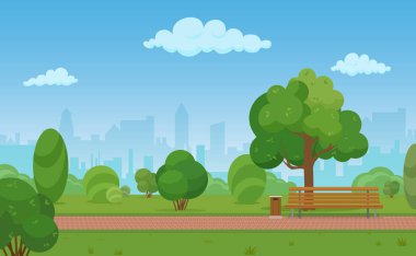 Vektör karikatür çizim gökdelenler binalar arka plan ile modern boş Şehir Parkı.