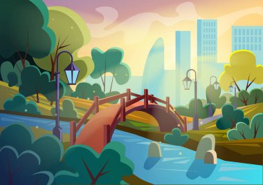 Yaz karikatür park sparkles arka plan üzerinde şehir ile küçük nehirde köprüden ile parlak vektör görüntüsü. Oyun pürüzsüz tasarımı