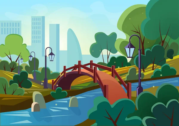 Векторна мультяшна ілюстрація красивого літнього громадського міського парку з мостом і річкою на світанку. Дизайн гри . — стоковий вектор