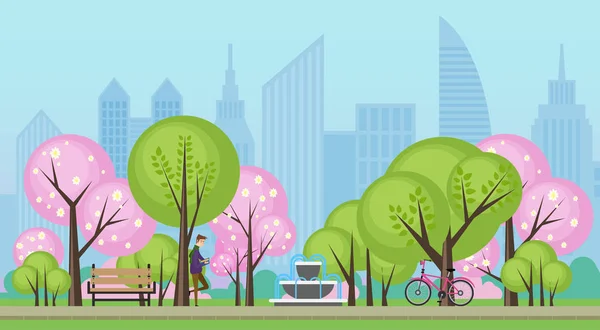 Primavera estate parco pubblico della città con alberi di sakura vettoriale illustrazione . — Vettoriale Stock