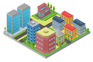 İsometry ile yol ve beyaz arka plan üzerinde izole bölgesinde modern bina şehir öğesinin Tasarla.
