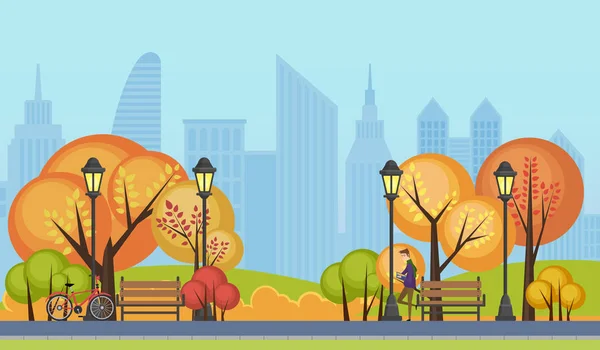 Vector illustration of a beautiful autumn public city park with city skyscrapers buildings on background. — Stock Vector