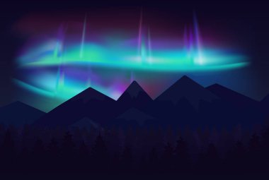 Güzel Kuzey ışıkları aurora borealis gece gökyüzünde karikatür dağların üzerinden vektör.