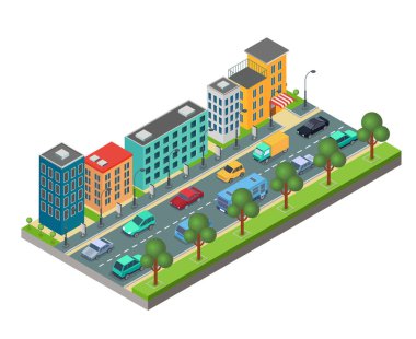 İzometrik şehir yol binalar ve beyaz arka plan üzerinde izole trafik sıkışıklığı otomobillerde unsuru.