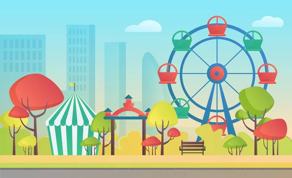 Cartoon vectorillustratie van een entertainment herfst openbare stad pretpark met kleurrijke seizoensgebonden bomen. — Stockvector