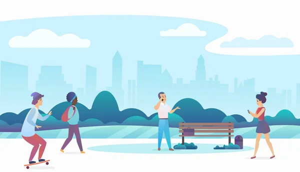Persone che camminano e si rilassano in un bellissimo parco pubblico urbano con moderno skyline della città sullo sfondo. Moderna illustrazione vettoriale a gradiente piatto . — Vettoriale Stock
