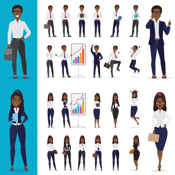 Vector van zwarte Afro-Amerikaanse Business man en zakelijke vrouw werken office ontwerp tekenset. — Stockvector