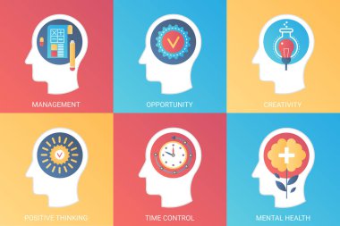 Vektör Konsept Yönetimi, fırsat, yaratıcılık, olumlu düşünme, zaman kontrol, ruh sağlığı. Modern degrade düz stil.