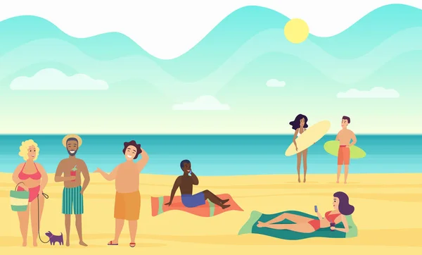 Παραλία το καλοκαίρι άτομα εκτέλεση αναψυχή και ξεκούραση διανυσματικά εικονογράφηση. — Διανυσματικό Αρχείο