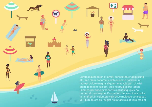 Vista dall'alto illustrazione vettoriale di persone in spiaggia che svolgono attività ricreative all'aperto e nuotano, navigano in mare o nell'oceano . — Vettoriale Stock