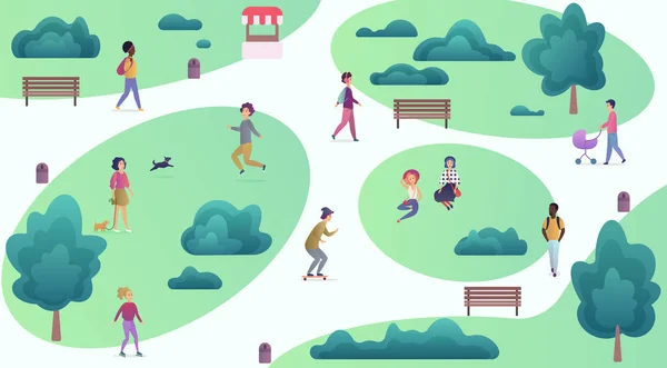 Vista superior del mapa de dibujos animados de personas en el parque caminando y realizando actividades deportivas de ocio al aire libre. Gradiente color ciudad parque vector ilustración . — Archivo Imágenes Vectoriales