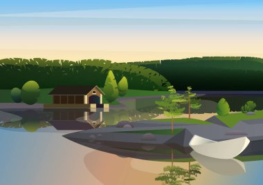 Vektör görüntü ile uzaktan ev rıhtım ve Yelkenli tekne Yeşil Doğa Göl kıyısında sakin peyzaj.