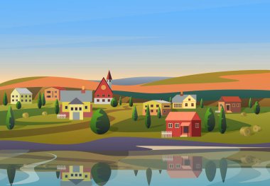 Vektör, küçük kasaba yatay mavi sabah sunsrise gökyüzü arka plan üzerinde altında Hills Nehri'nin kıyısında evler.