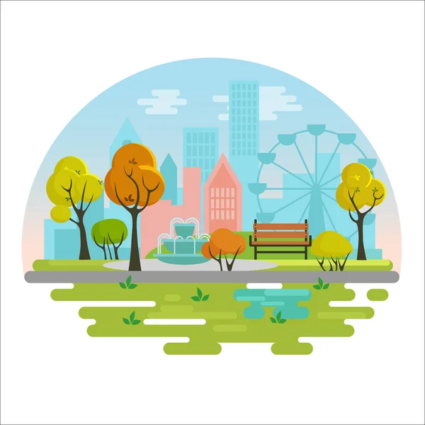 Staden offentliga hösten park vektor illustration konceptet affisch med träd, fontän, bänk, växter på modern stad bakgrund. Vector hösten offentlig park med färgglada säsongsbetonade träd. — Stock vektor