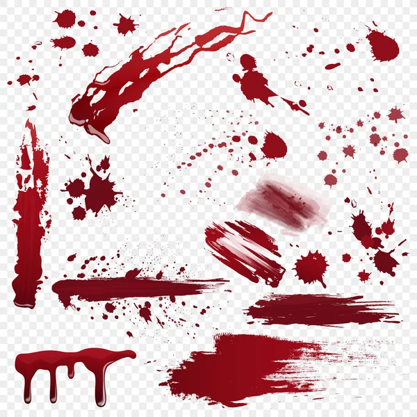 다양 한 현실적인 자세한 bloodstain, 혈액 또는 페인트 뿌려 놓은 것 요 알파 지 배경에 고립 된 벡터의 설정. — 스톡 벡터
