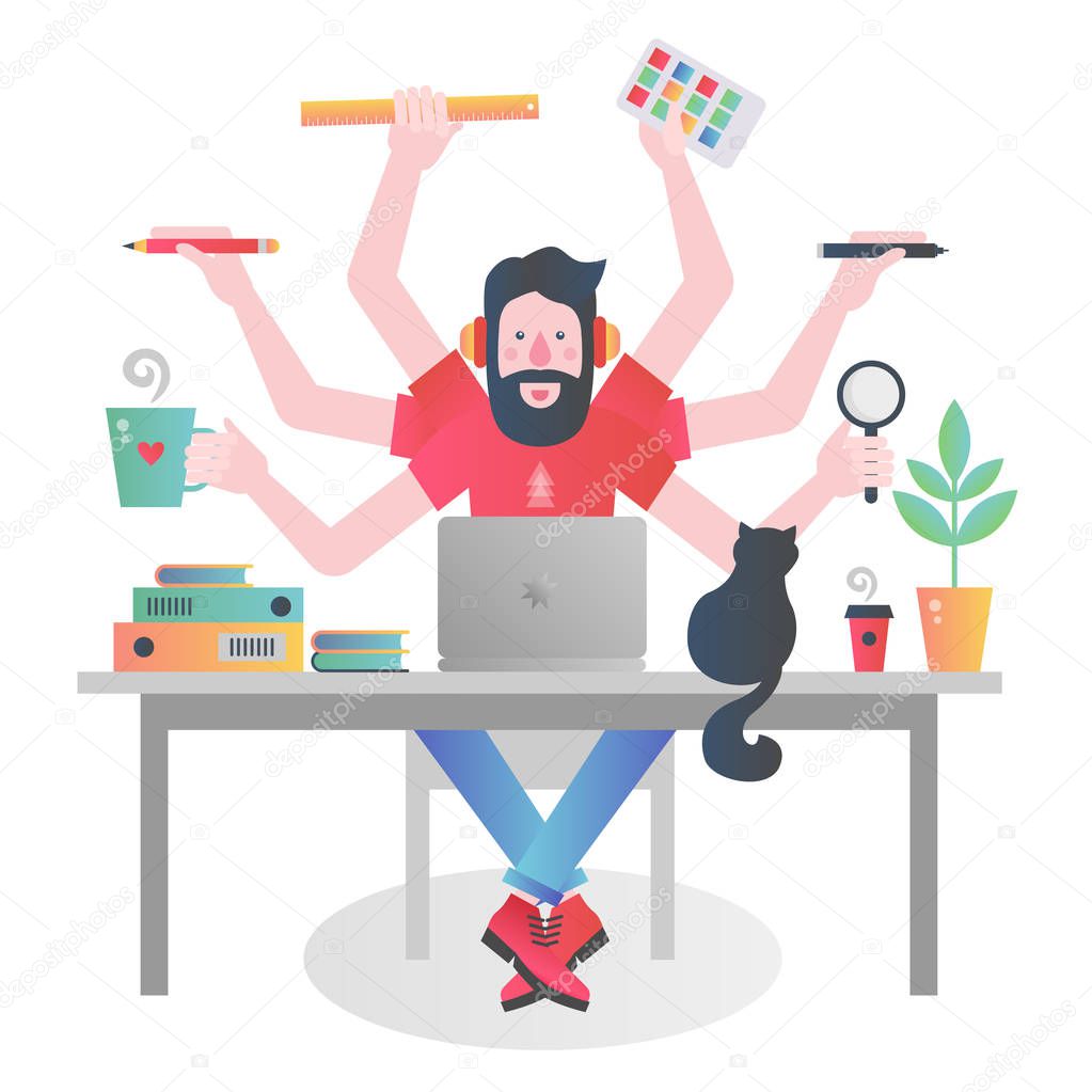 Colorful flat modern gradient character of man with many hands holding different things and managing time while working at table with laptop.